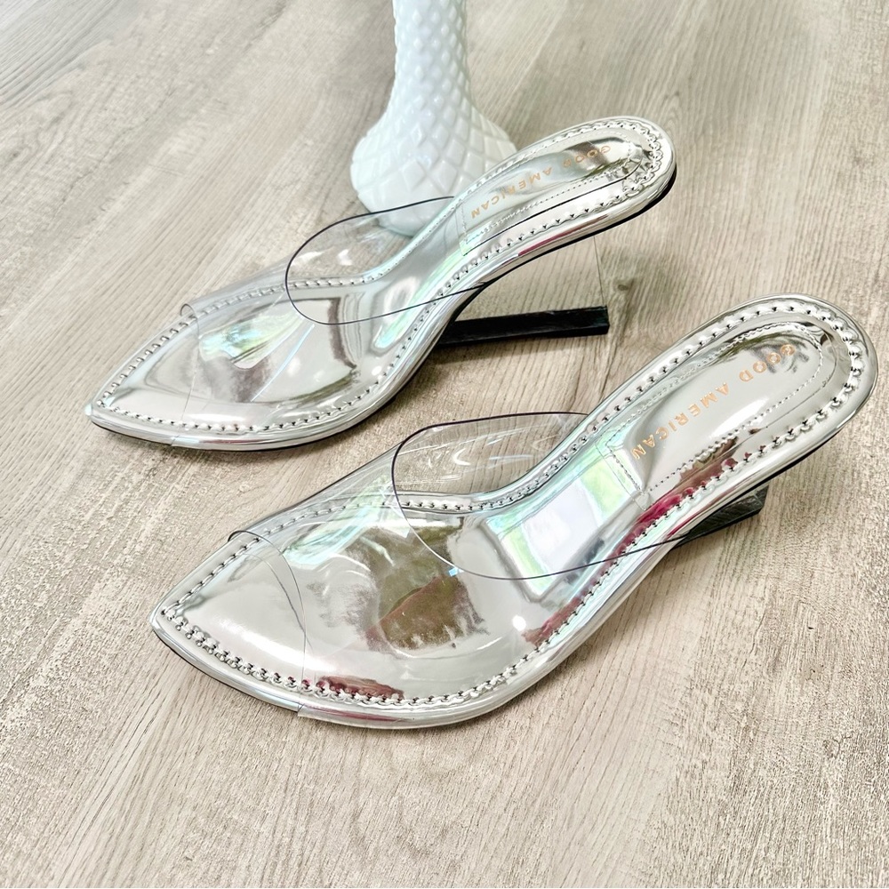Good American size 9 1/2 silver mirror heels with clear strap - Picture 7 of 7